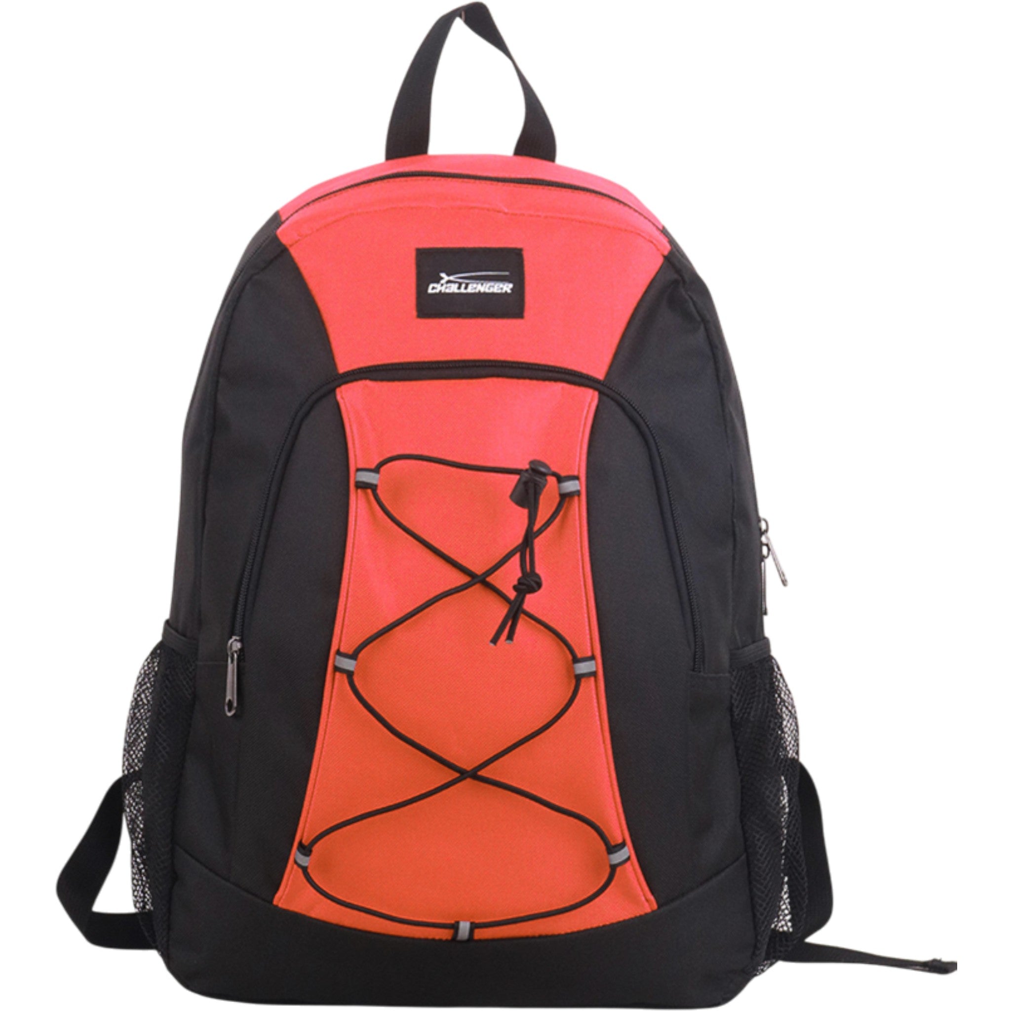 Challenger black and red backpack bag with front bungee cord, side mesh pockets and zip compartments